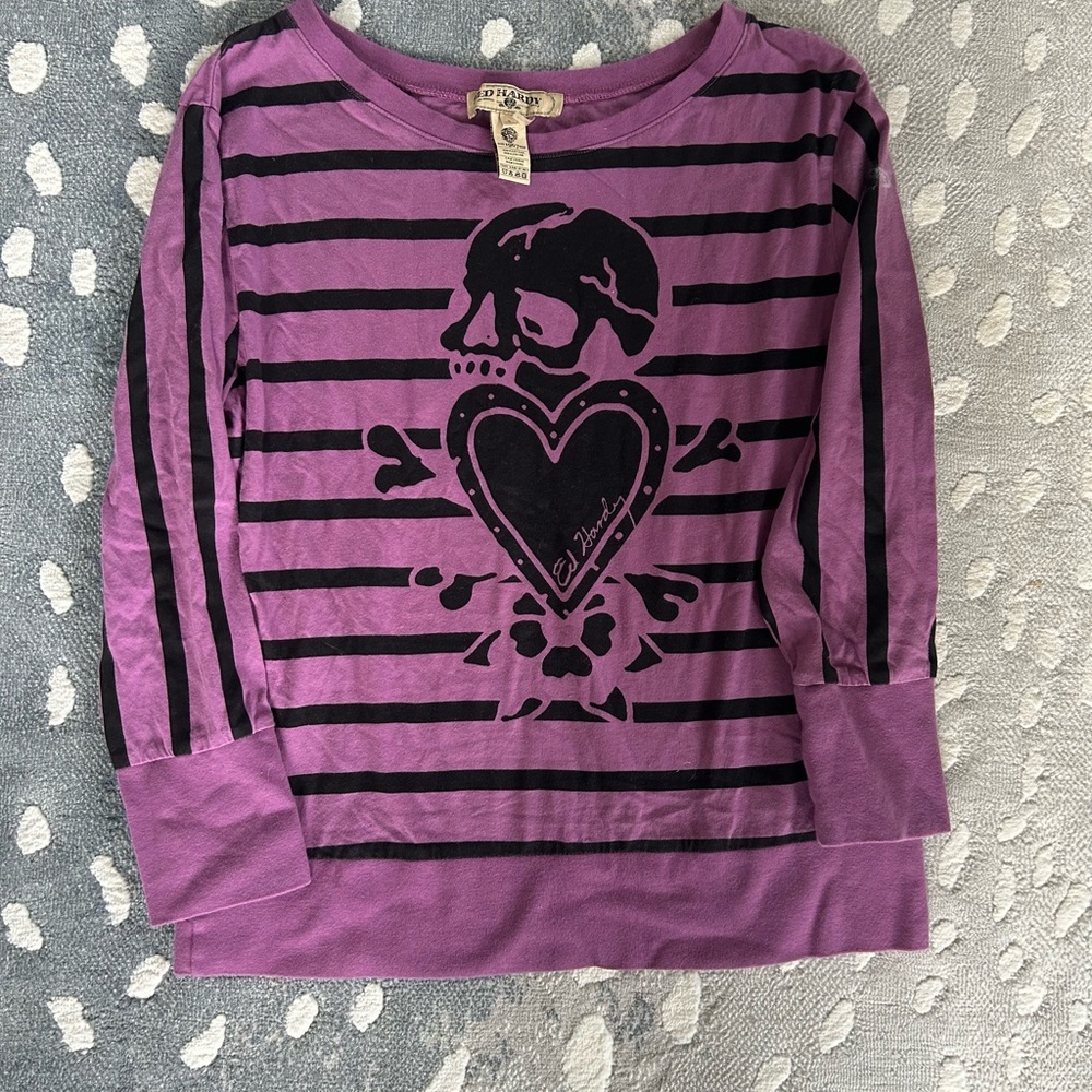 Ed Hardy Purple & Black Striped Skull Heart Long Sleeve Top